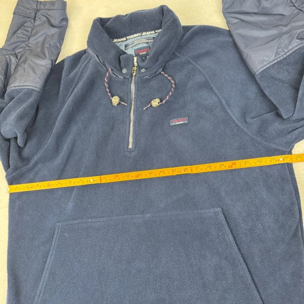 Vintage Tommy Jeans Fleece Pullover Mens Large Navy Blue 1/4 Zip Packable Hood
